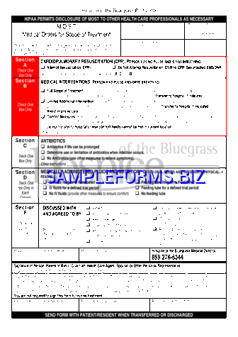 Kentucky Medical Orders For Scope of Treatment (MOST) Form pdf free